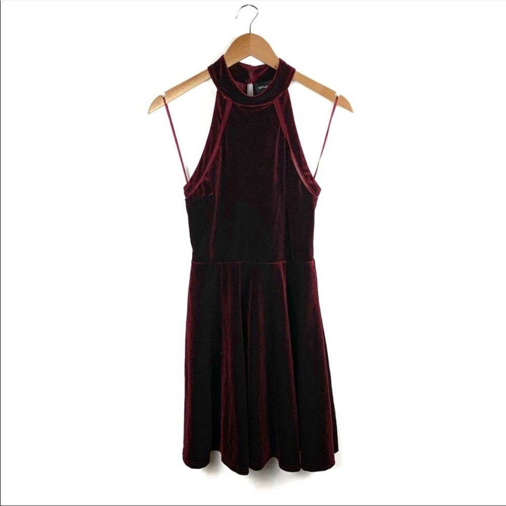 SugarLips Yuki Halter Velvet Burgundy Mini Dress
